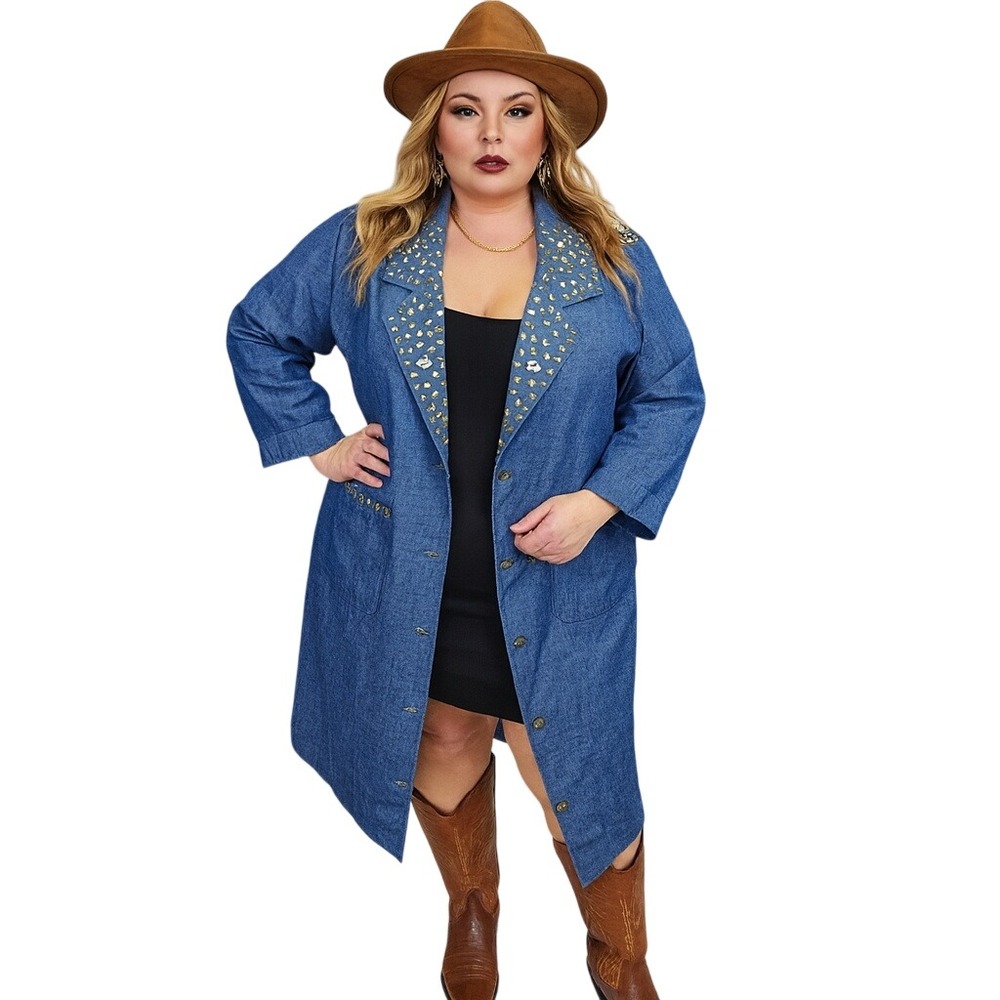 Vintage 80s Prestige NY Studded Denim Long Jacket Coat Duster Rhinestone USA‎ 1X